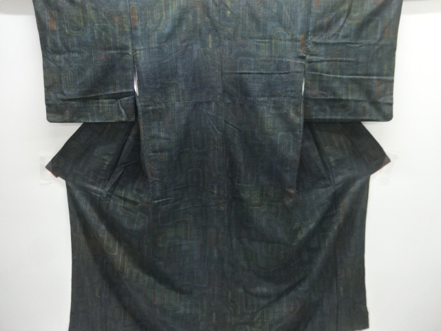 JAPANESE KIMONO / ANTIQUE KIMONO / SILK / TSUMUGI / WOVEN GEOMETRIC PATTERN